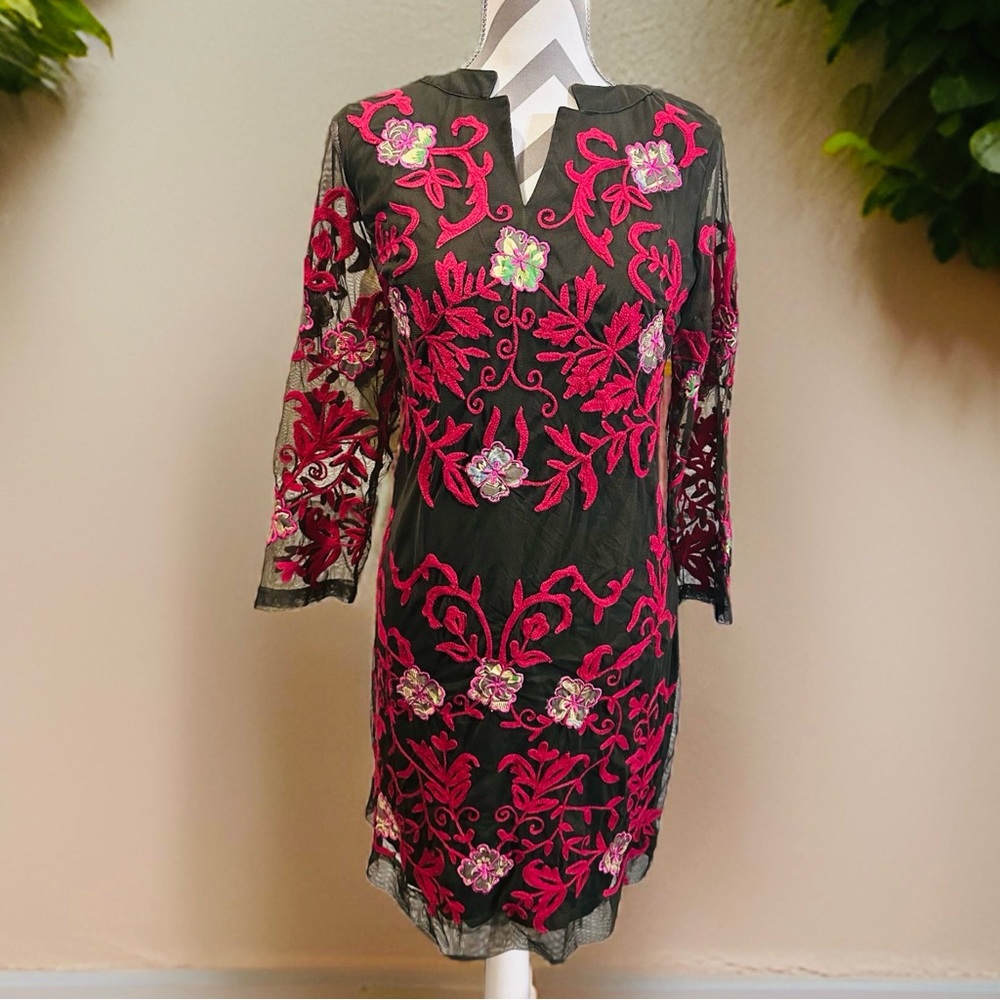 Black & Fuchsia Embroidered Mesh Sheath Dress